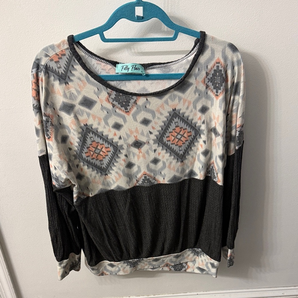 Filly Flair Geometric Long Sleeve Top - Black, Gray, and Orange